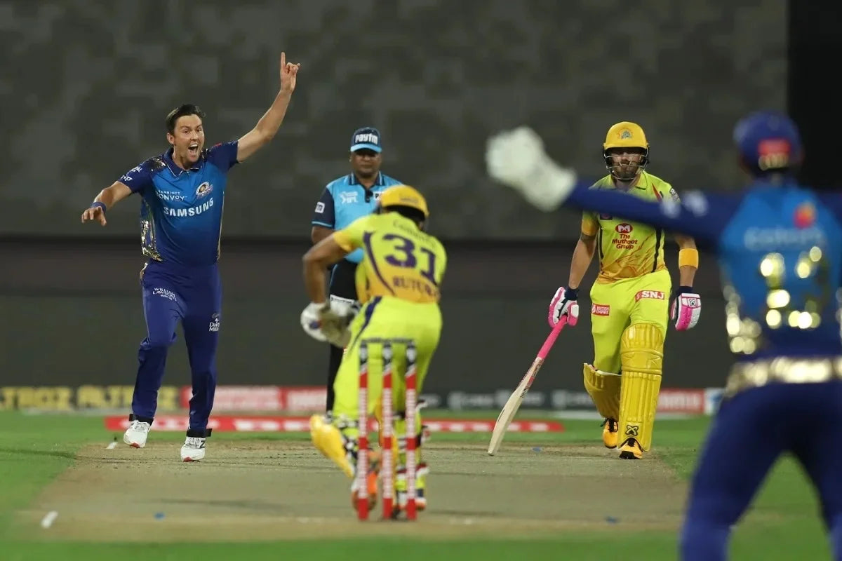 Trent Boult Dismisses Ruturaj Gaikwad through LBW in the first over of the Powerplay in an IPL match between MI vs CSK