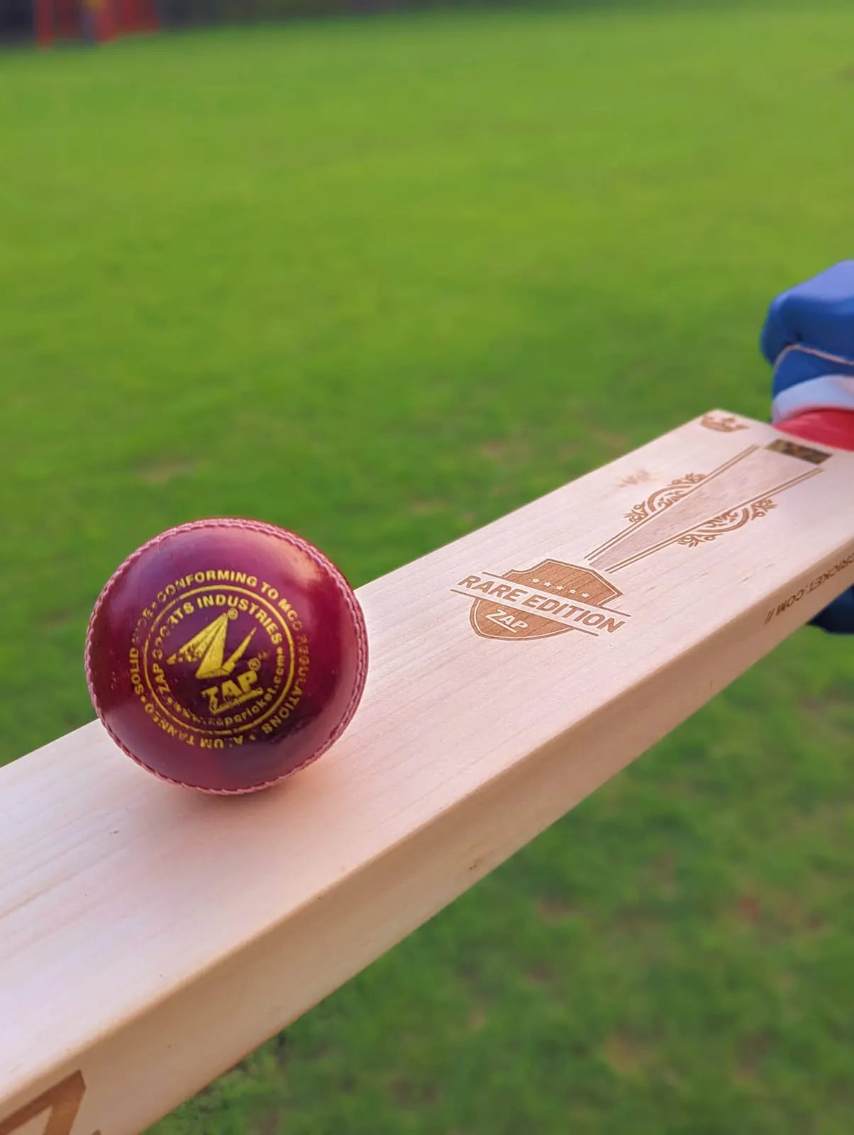 The ZAP Leather Cricket Ball on top of the ZAP Rare Edition Premium Willow Cricket Bat