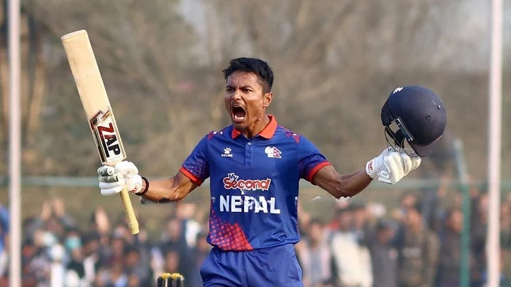 Rohit Paudel celebrates with a roar with his ZAP Cricket Bat and Kit