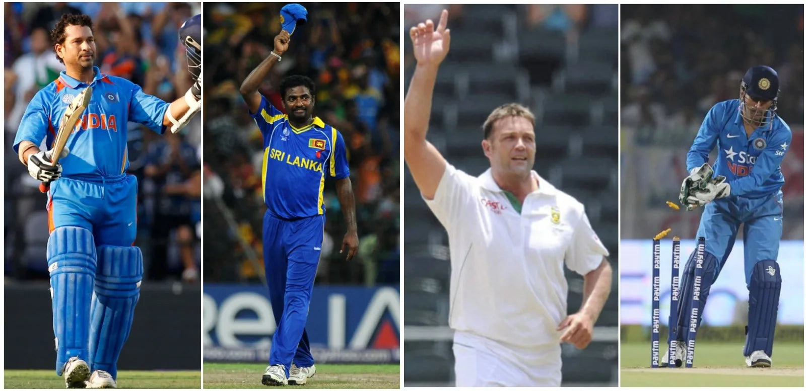 A collage of Sachin Tendukar Celebrating a century, Muttiah Muralitharan raises his cap, Jacques Kallis Celebrates a wicket and MS Dhoni takes the bails off of the stumps