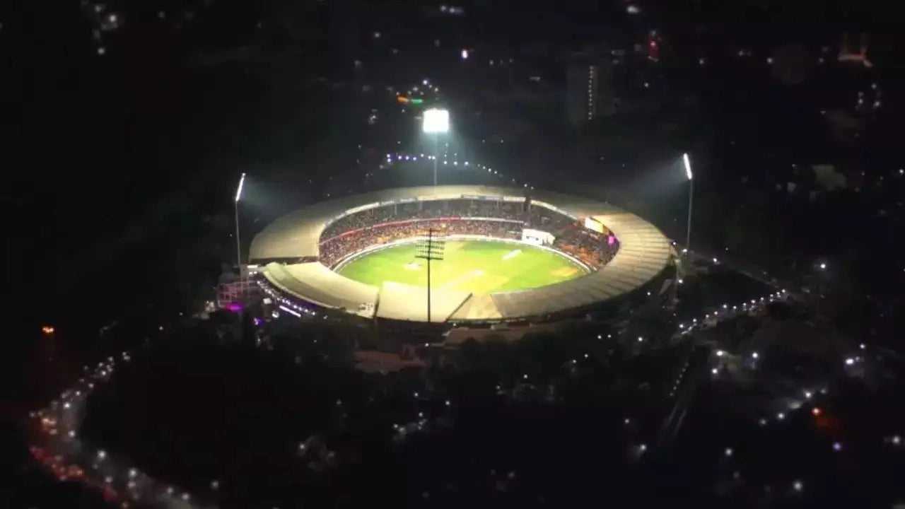 An aerial night view of the Chinnaswamy Cricket Stadium in Bangalore