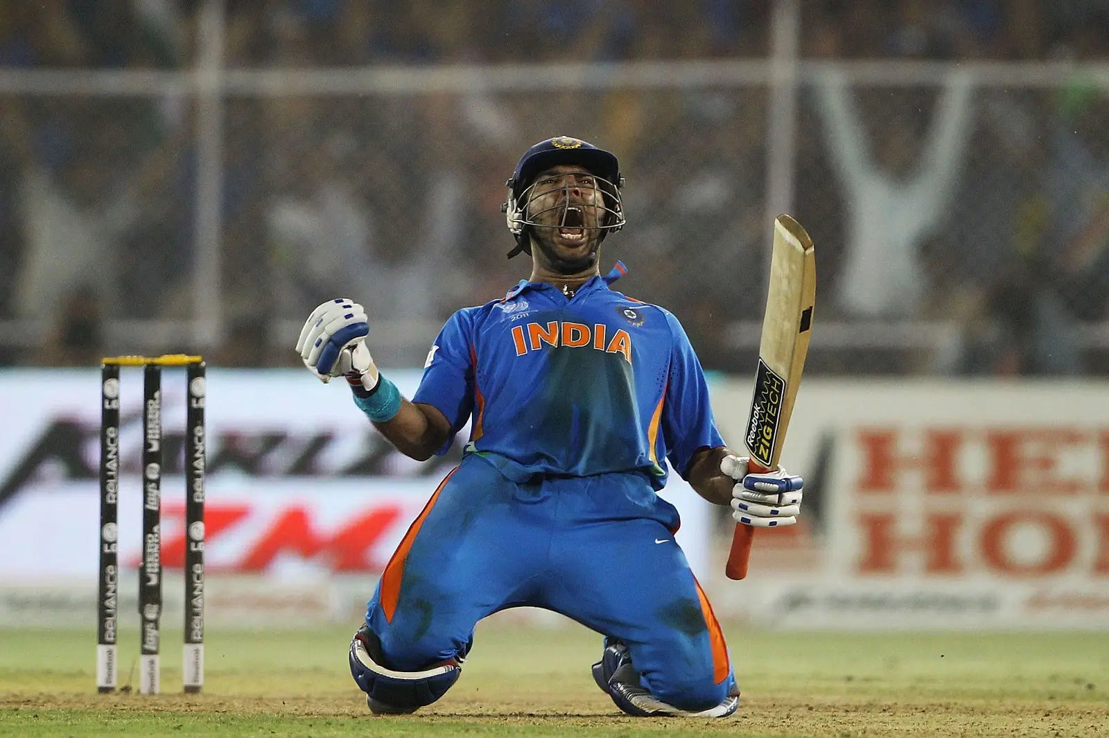 Yuvraj Singh celebrates with a roar after knocking Australia out of the 2011 World Cup