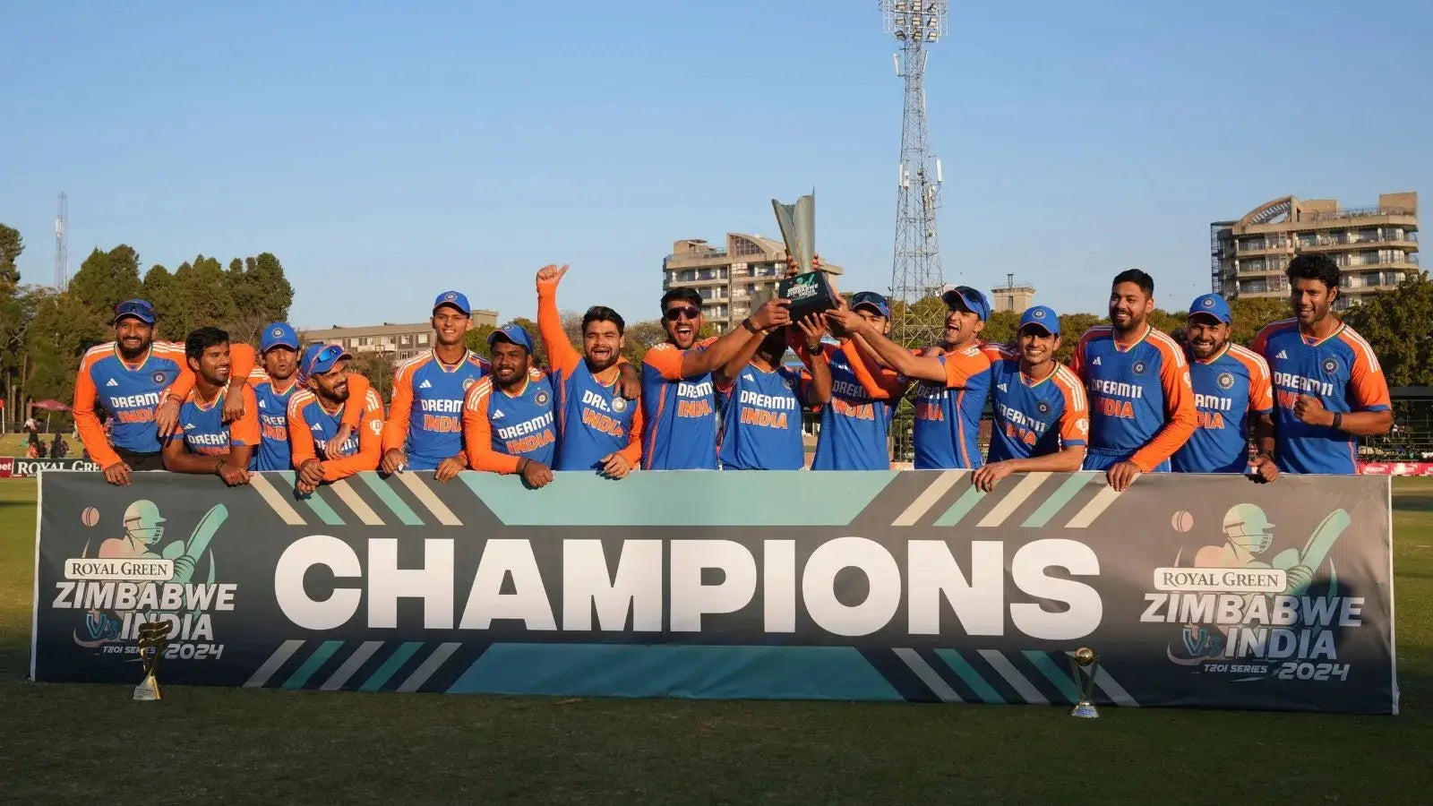 The Indian Cricket Team celebrates with the trophy after winning 4-1 in a series against Zimbabwe