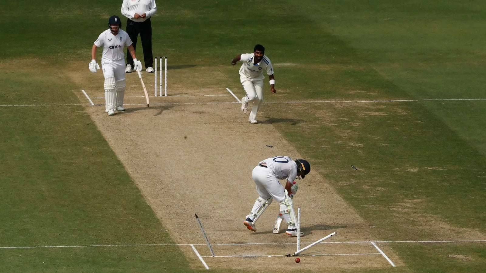 Jasprit Bumrah bowls Ollie Pope with a perfect yorker in a test match