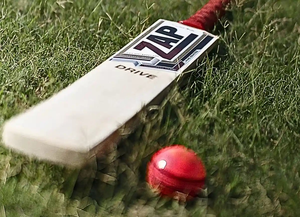 A ZAP Pink Leather Cricket Ball beside the ZAP Cricket Bat