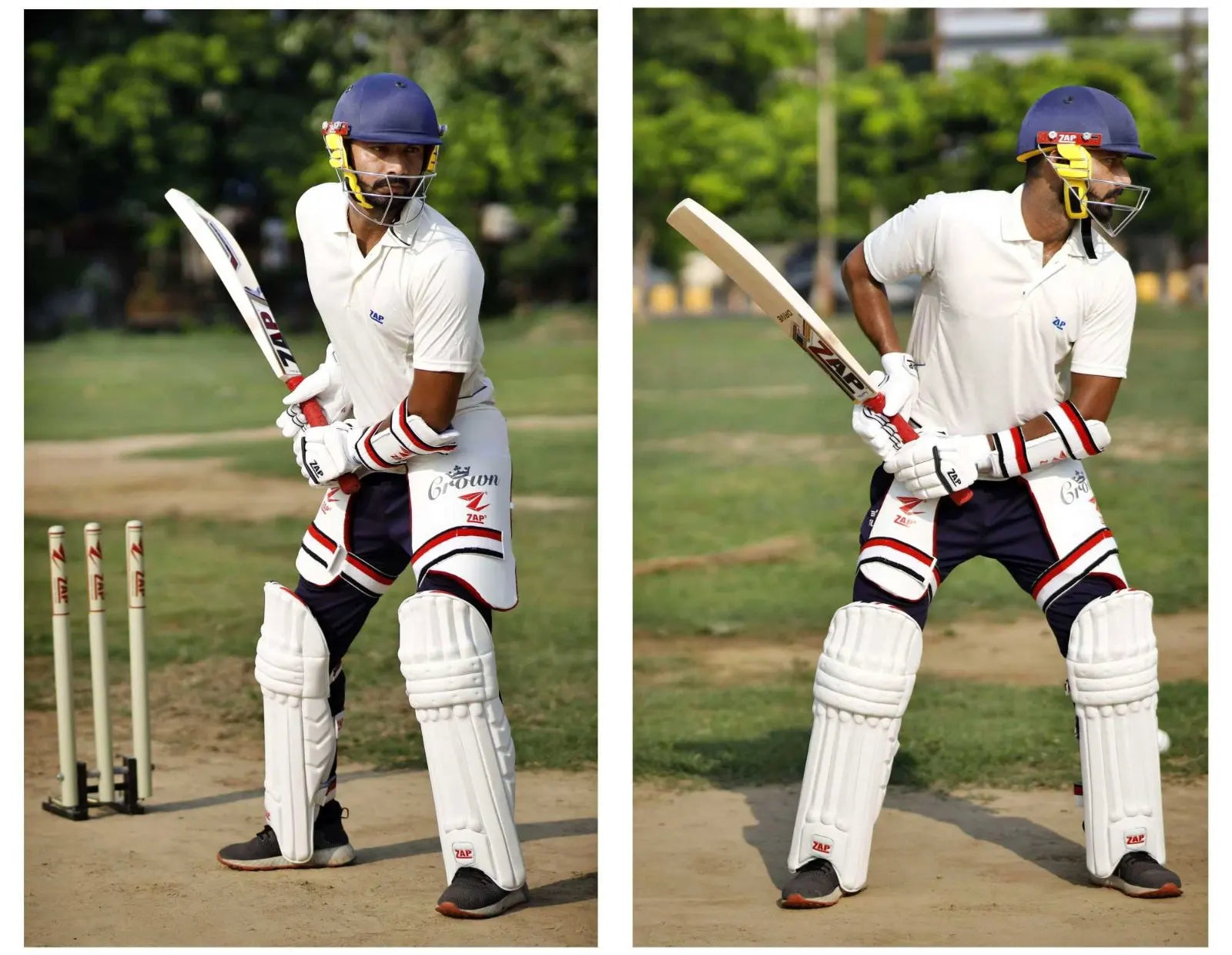 A batsman wearing the ZAP Cricket Kit and the ZAP Cricket Bat showing the right cricket batting stance technique
