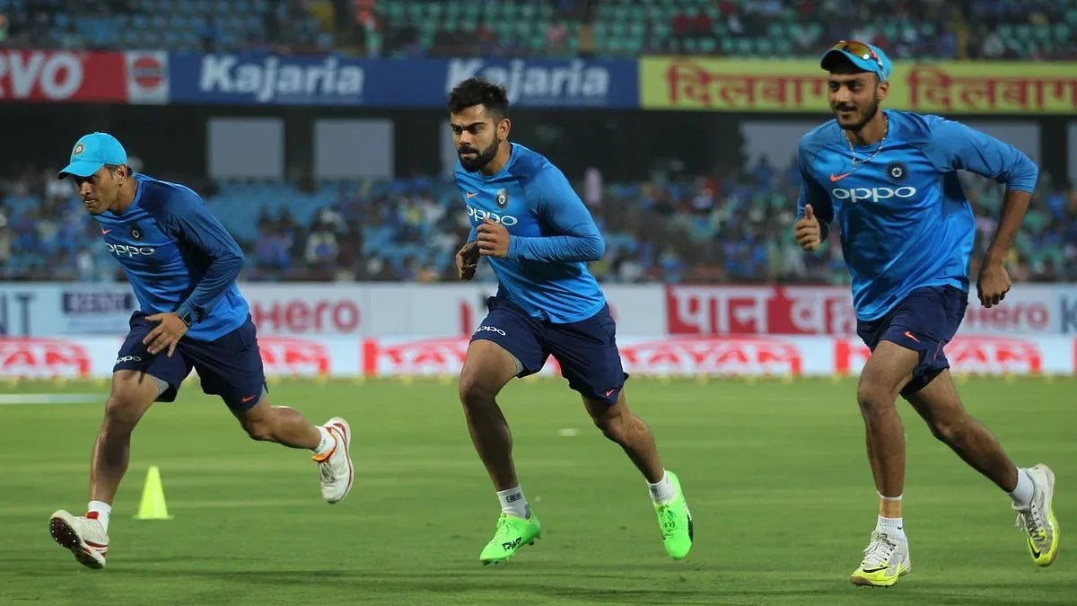 The Indian Cricket Team players MS Dhoni, Virat Kohli and Axar Patel take Yo Yo Test