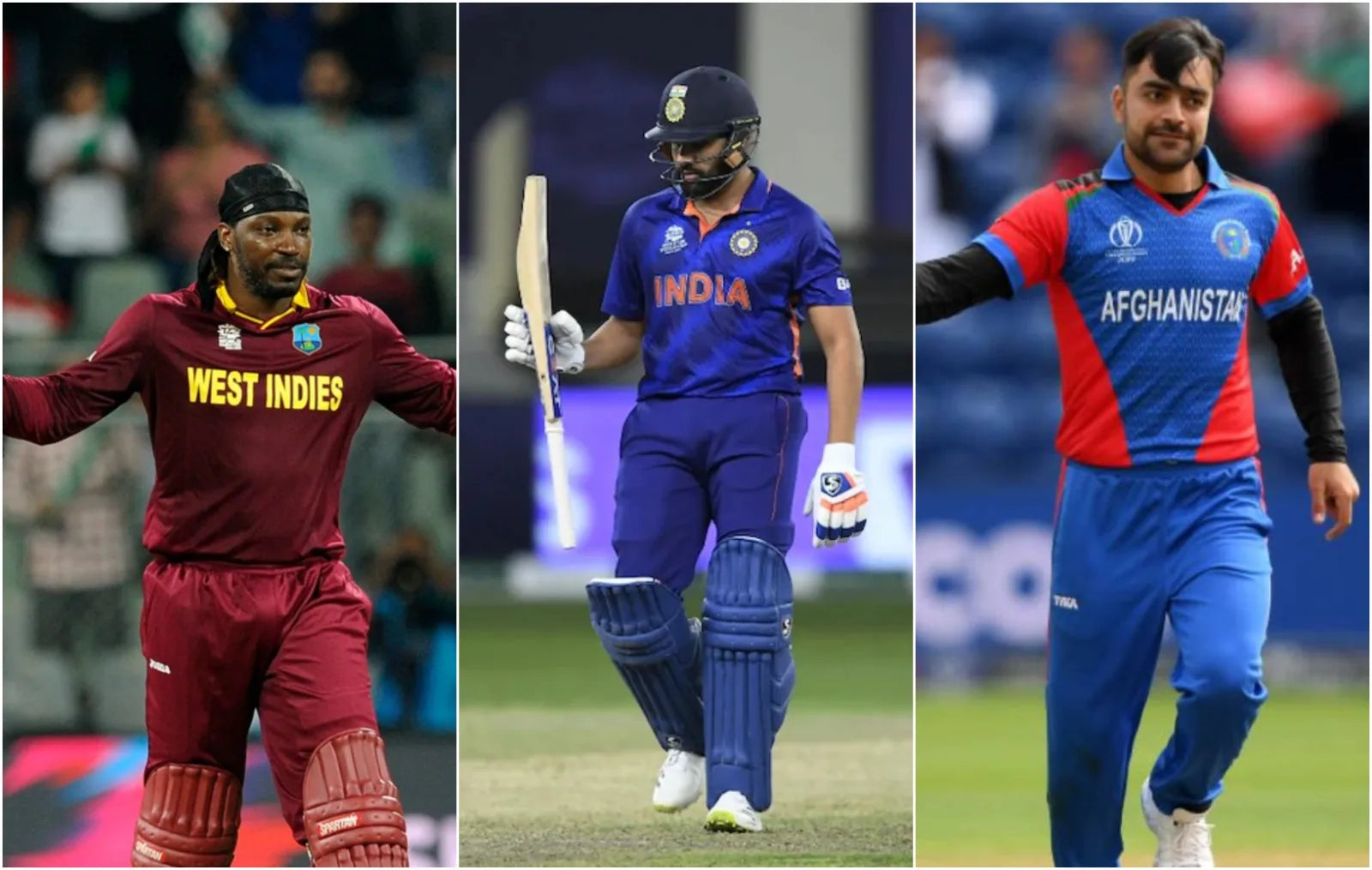 A Collage showing Chris Gayle vs Rohit Sharma vs Rashid Khan for the God of T20 Cricket