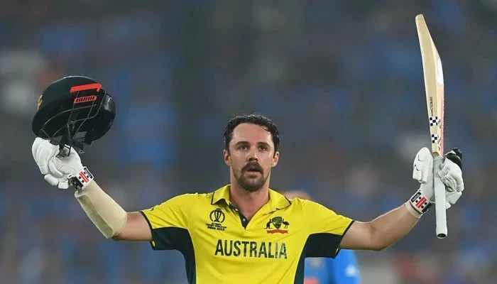 Travis head celebrating his century vs India in the 2023 World Cup Final